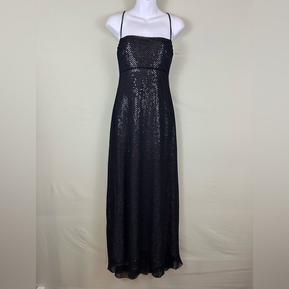 Vintage 90s Tower Sequin Black Mesh Evening Wear Formal Maxi Party Dress